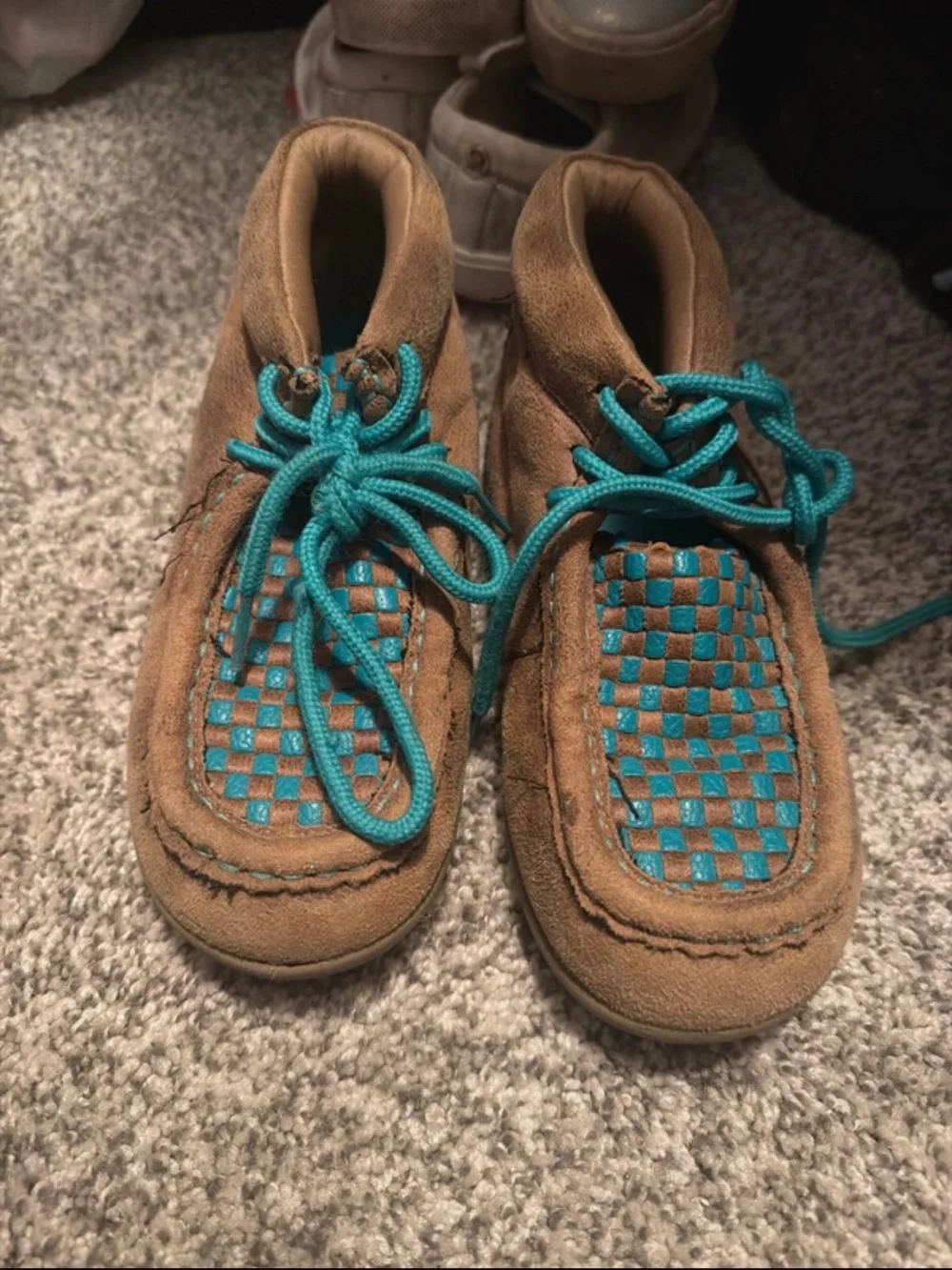 Twisted X Brown Suede Kids Moccasins with Teal Accents